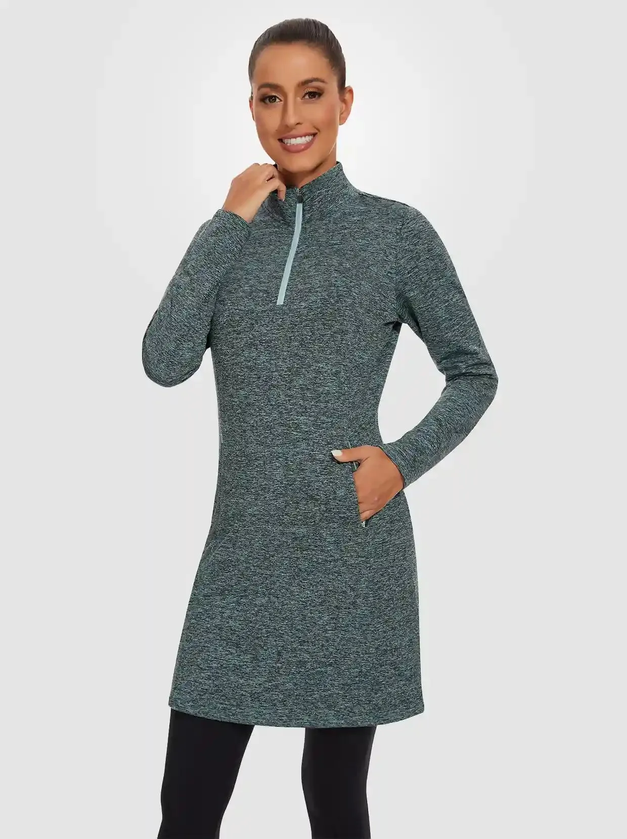 Women's Quarter-zip Long-sleeve Fleece Dress with Pockets
