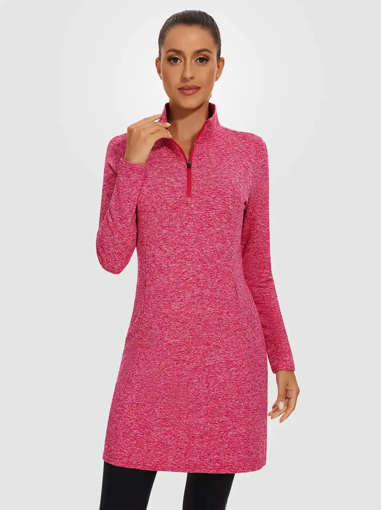 Women's Quarter-zip Long-sleeve Fleece Dress with Pockets