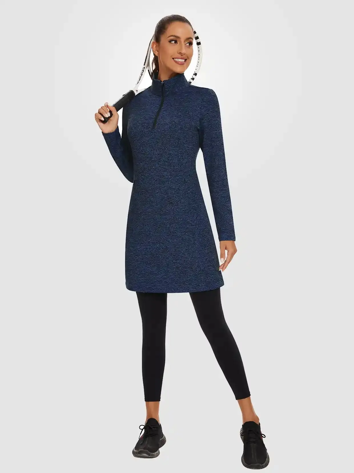 Women's Quarter-zip Long-sleeve Fleece Dress with Pockets