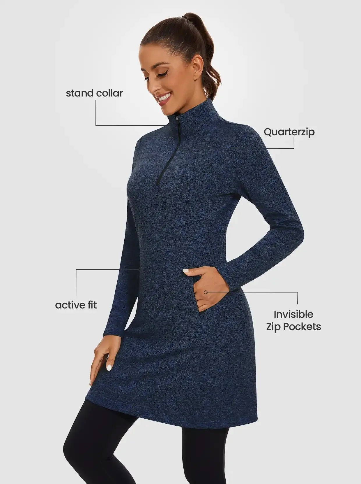 Women's Quarter-zip Long-sleeve Fleece Dress with Pockets