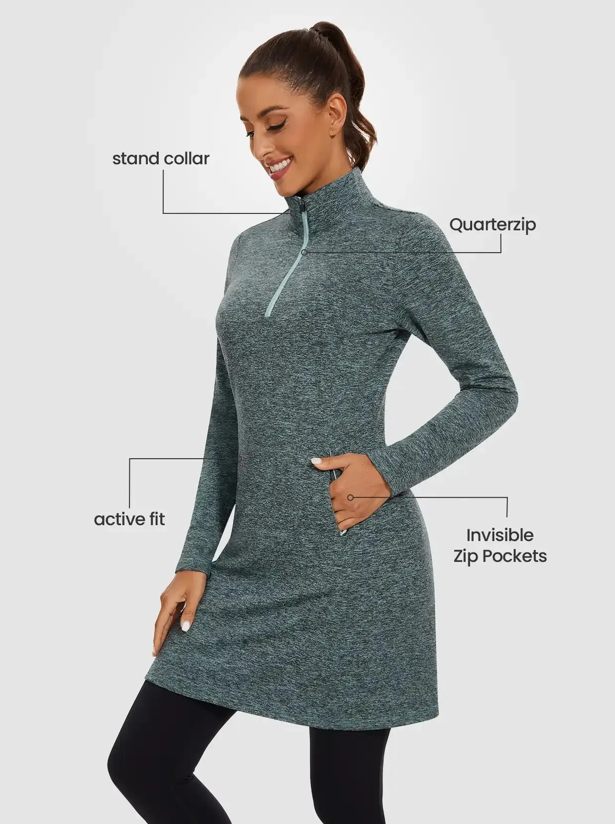 Women's Quarter-zip Long-sleeve Fleece Dress with Pockets