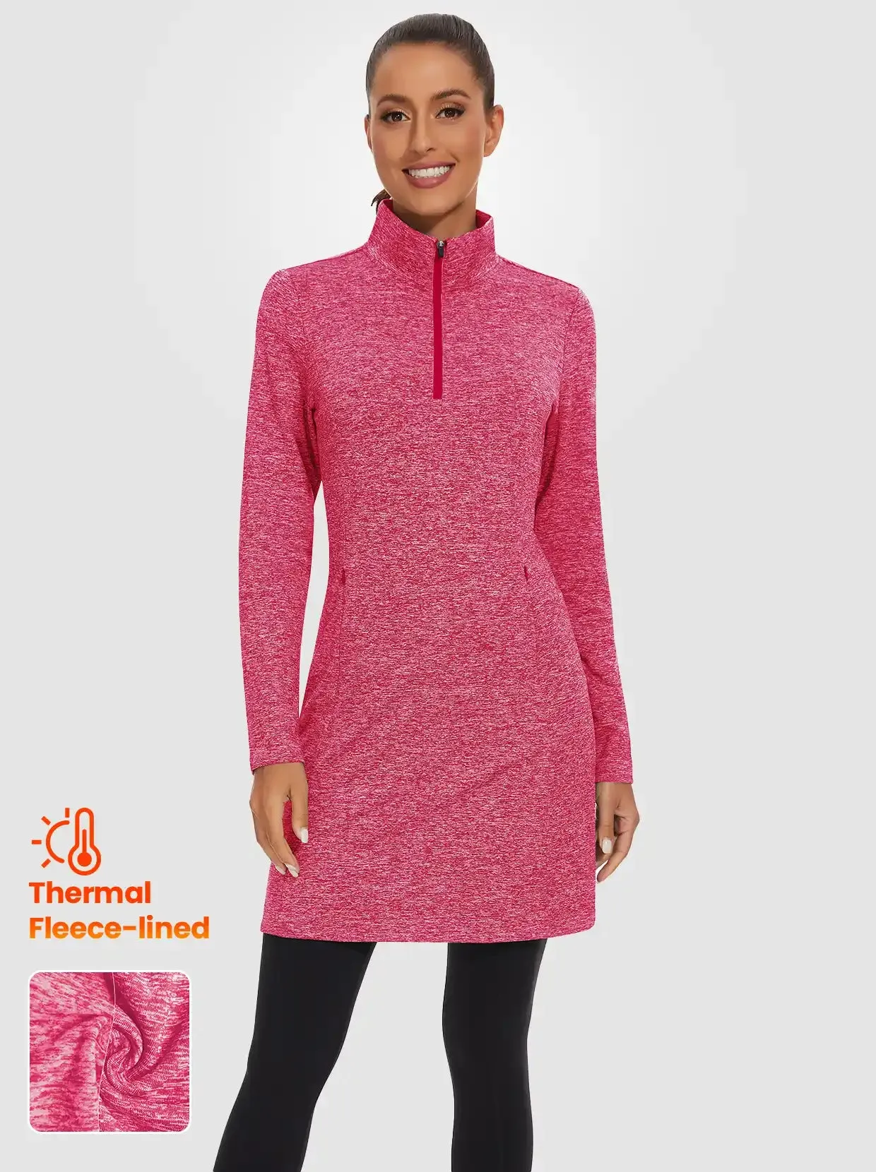 Women's Quarter-zip Long-sleeve Fleece Dress with Pockets