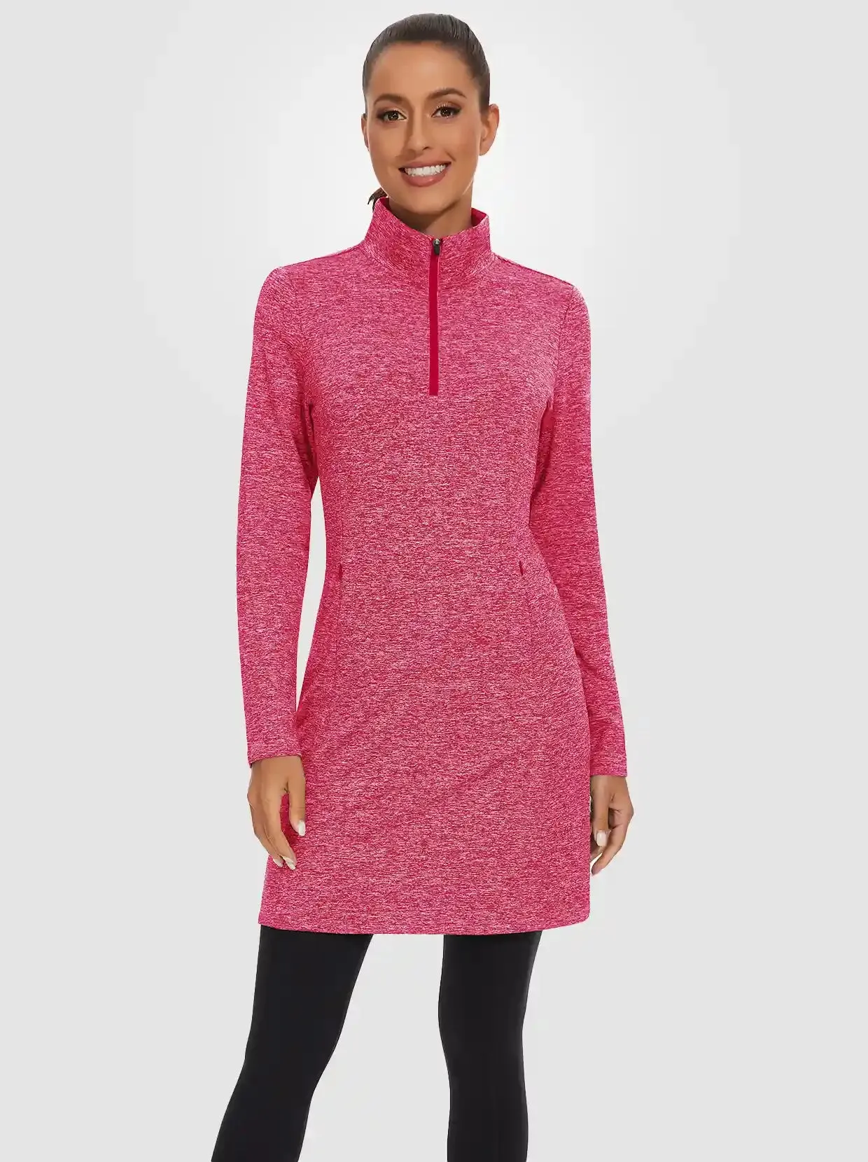 Women's Quarter-zip Long-sleeve Fleece Dress with Pockets