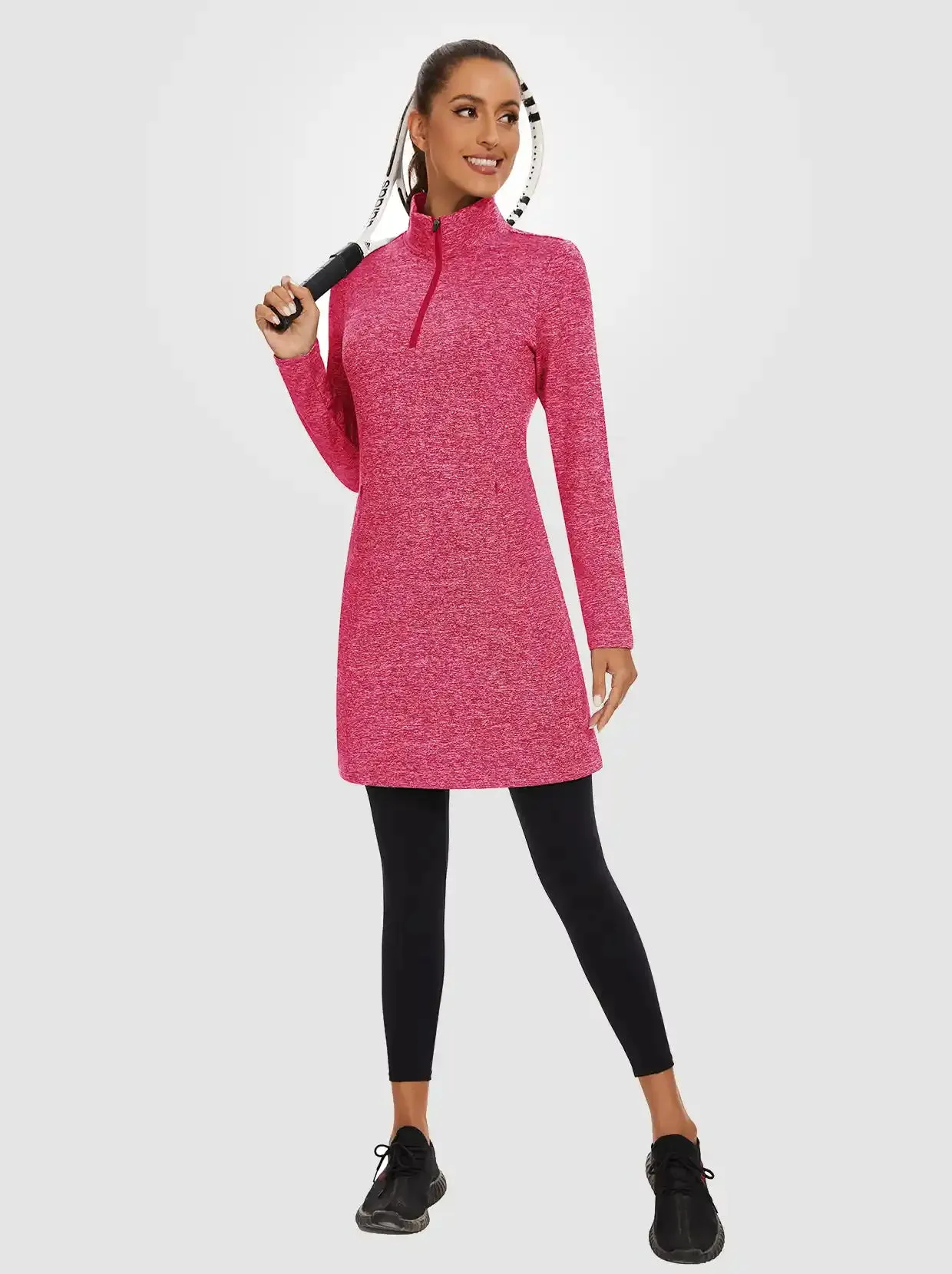 Women's Quarter-zip Long-sleeve Fleece Dress with Pockets