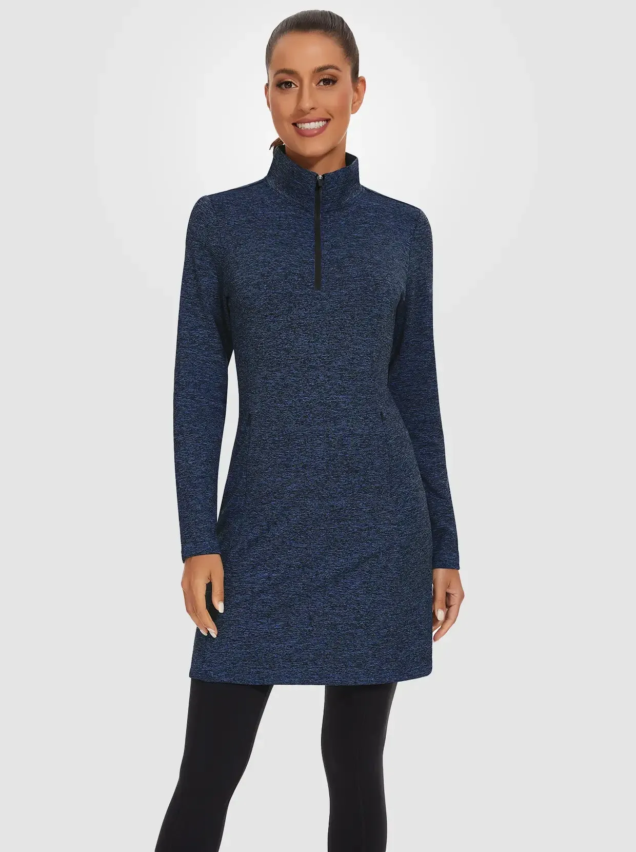 Women's Quarter-zip Long-sleeve Fleece Dress with Pockets