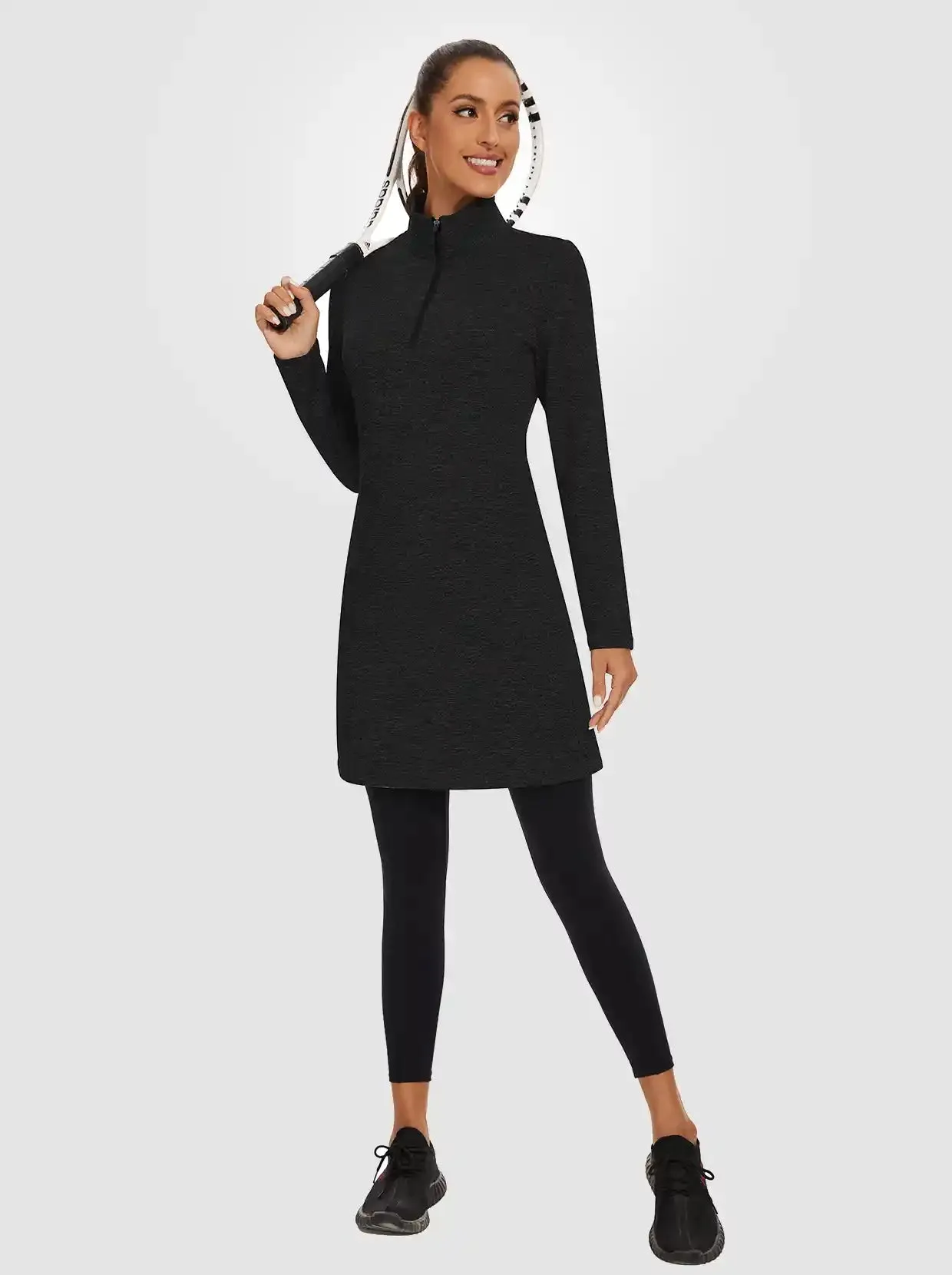 Women's Quarter-zip Long-sleeve Fleece Dress with Pockets