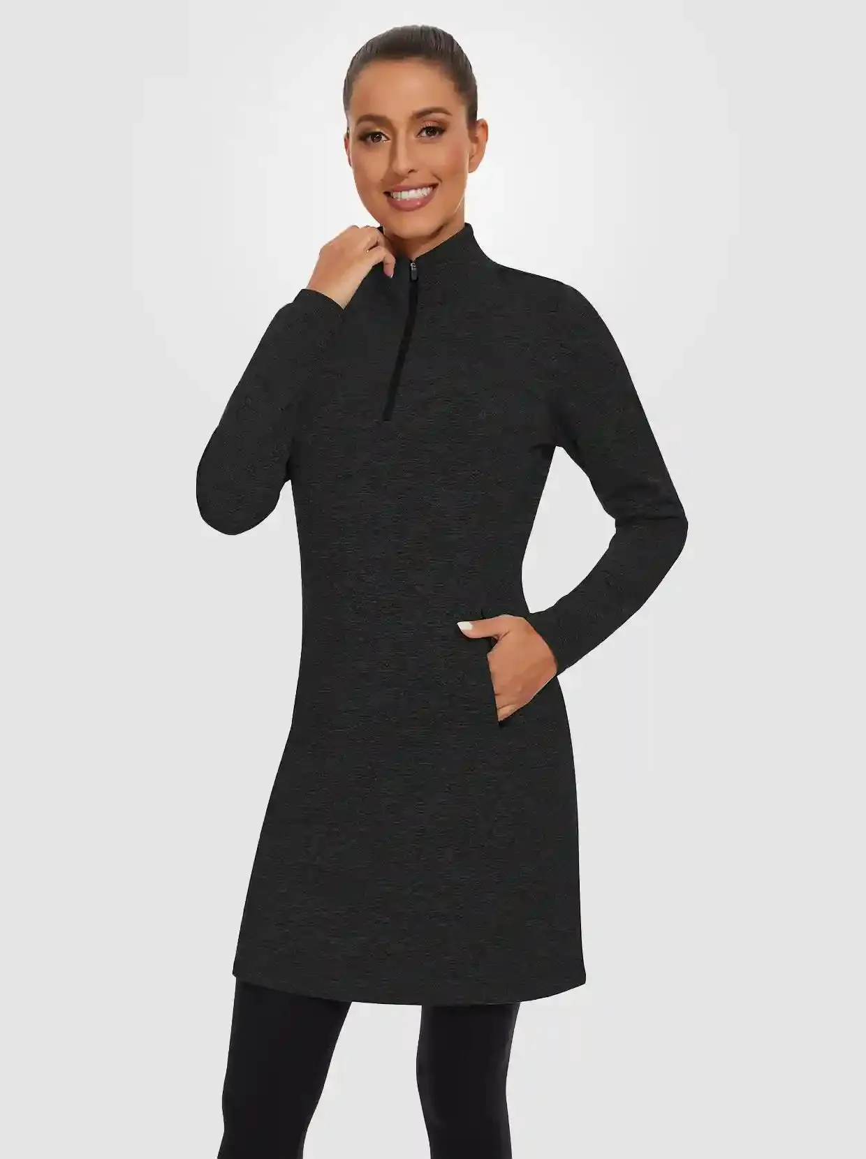 Women's Quarter-zip Long-sleeve Fleece Dress with Pockets
