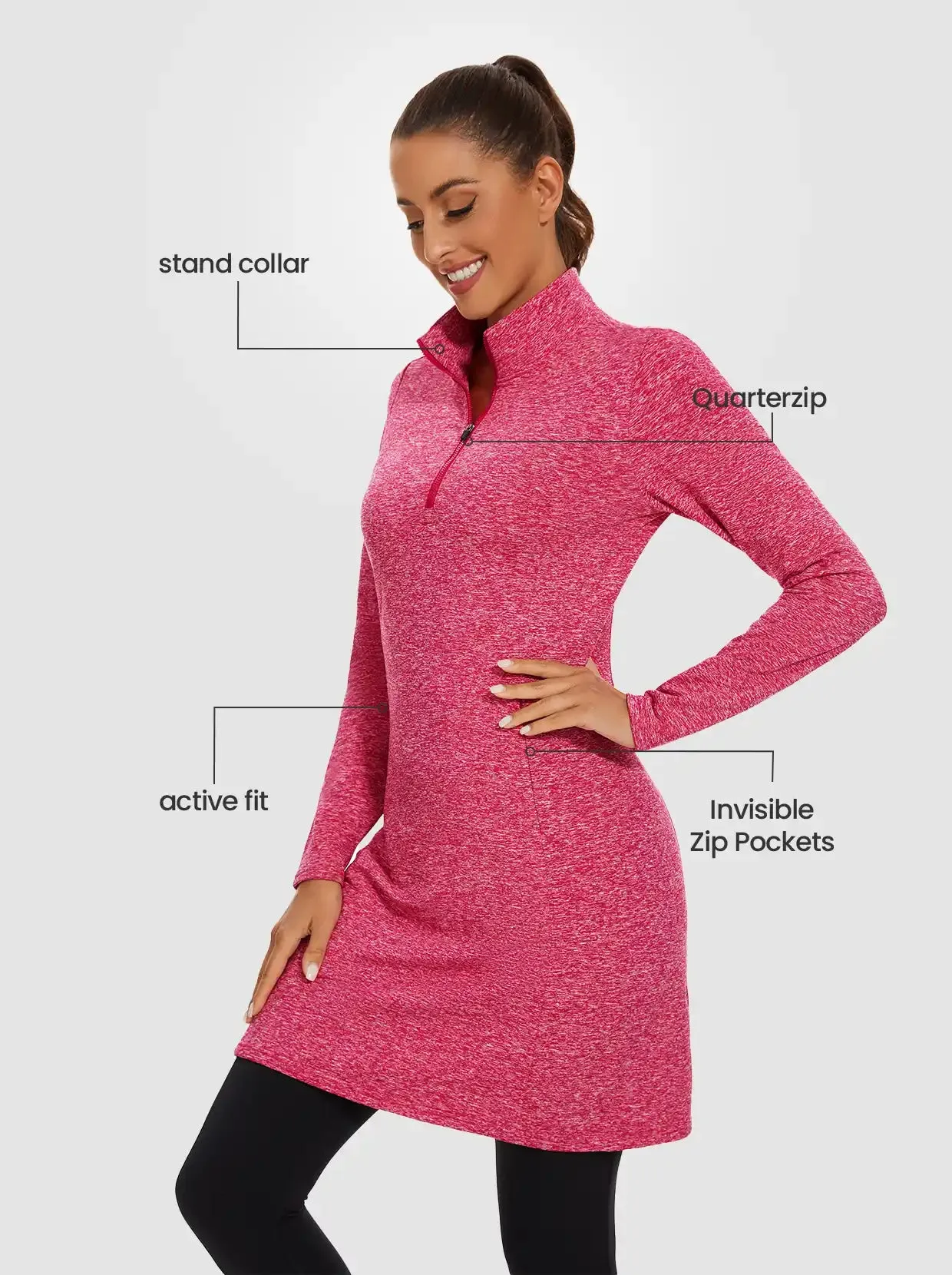 Women's Quarter-zip Long-sleeve Fleece Dress with Pockets