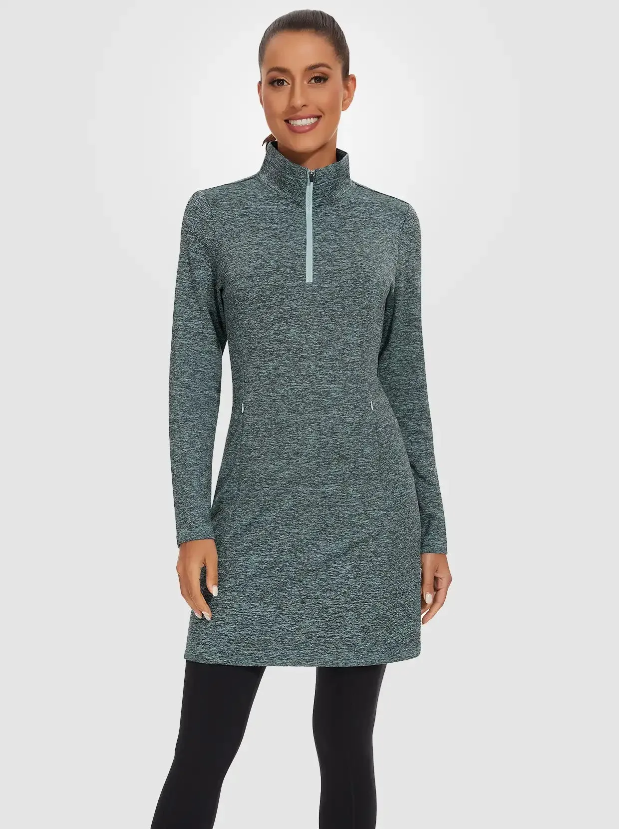 Women's Quarter-zip Long-sleeve Fleece Dress with Pockets