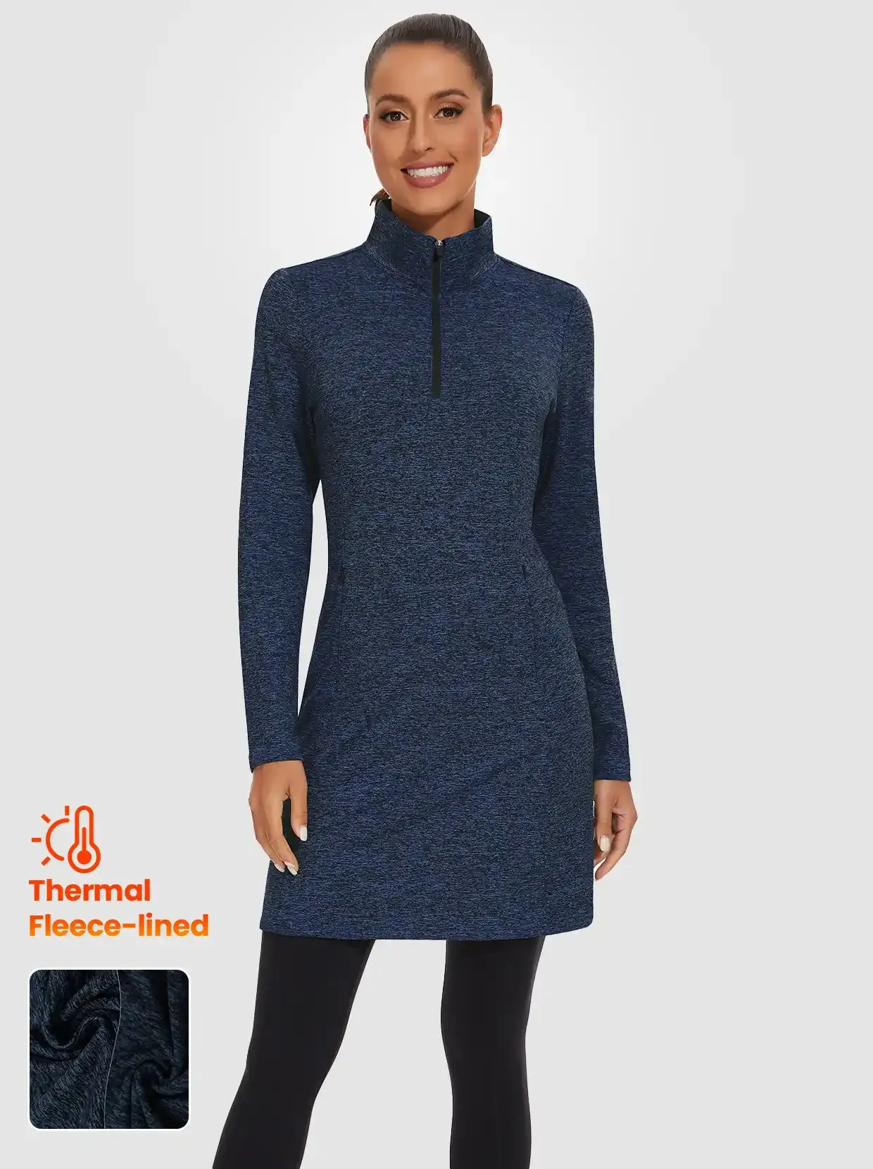 Women's Quarter-zip Long-sleeve Fleece Dress with Pockets