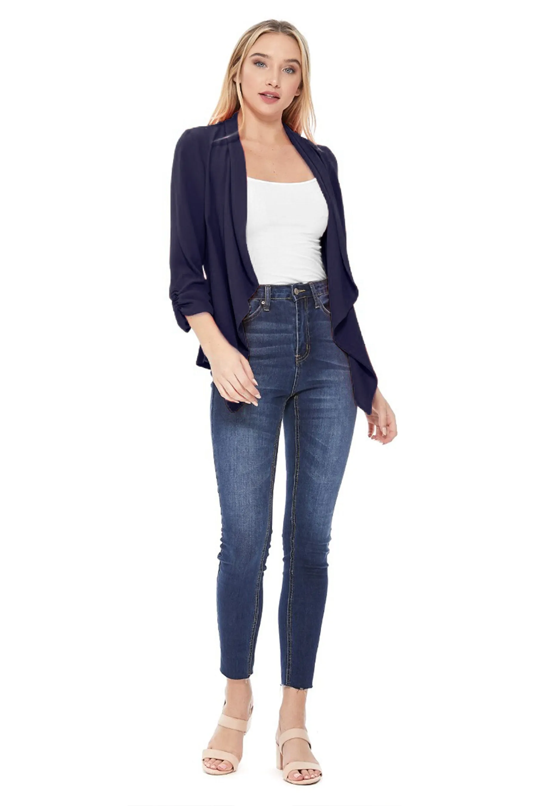 Women's Stylish Open Front Woven Blazer - 3/4 Sleeve Office Cardigan
