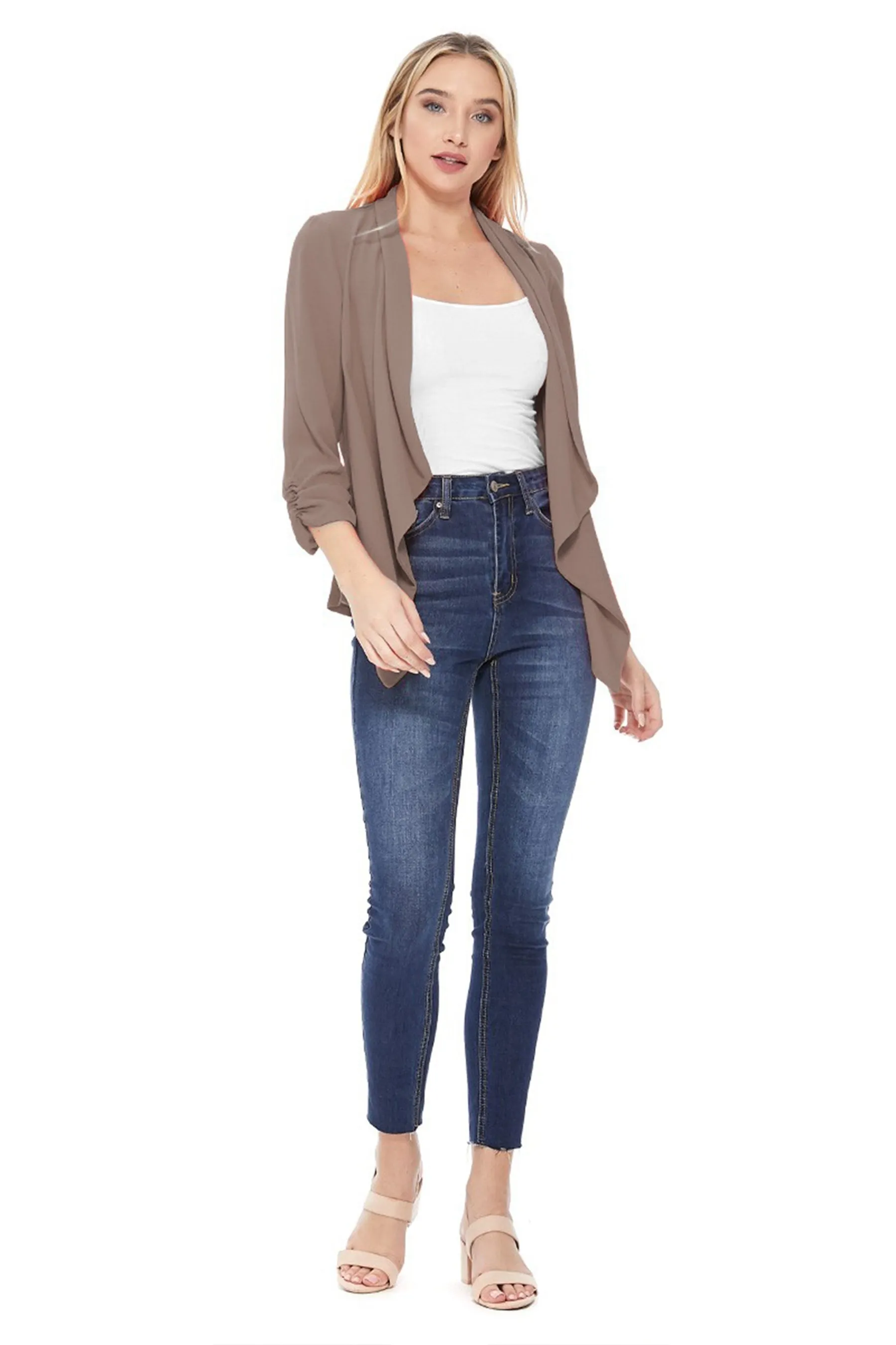 Women's Stylish Open Front Woven Blazer - 3/4 Sleeve Office Cardigan