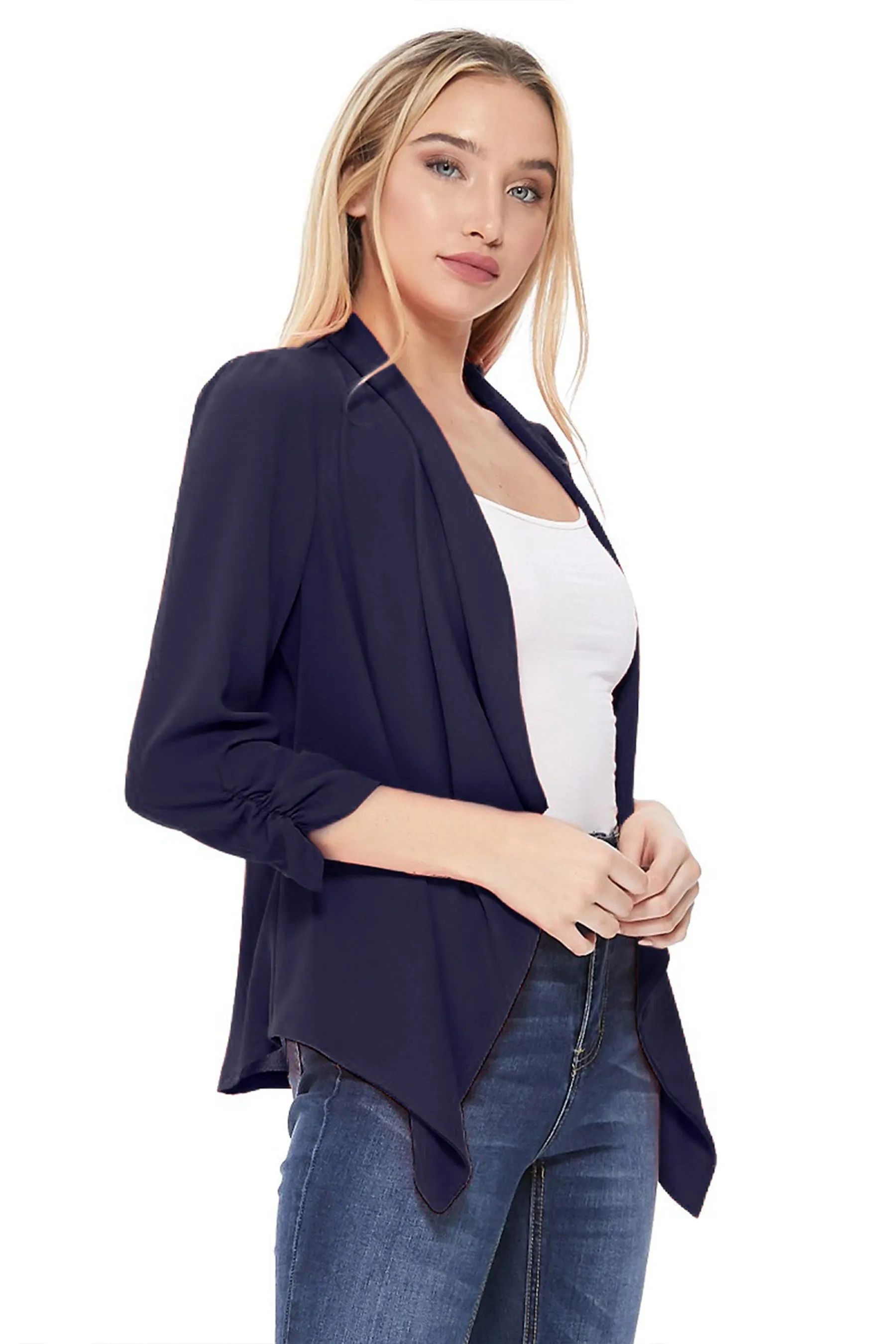 Women's Stylish Open Front Woven Blazer - 3/4 Sleeve Office Cardigan