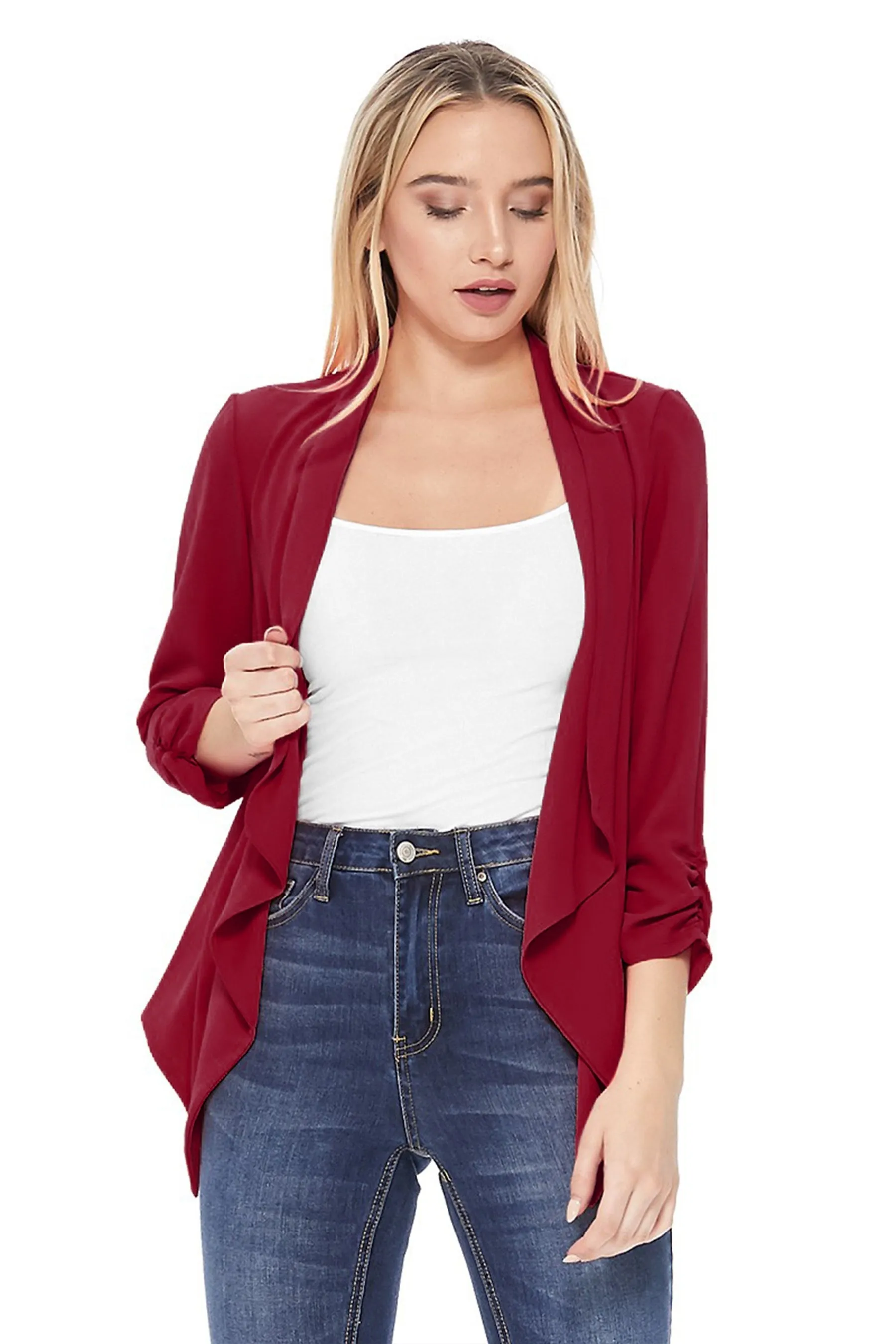 Women's Stylish Open Front Woven Blazer - 3/4 Sleeve Office Cardigan