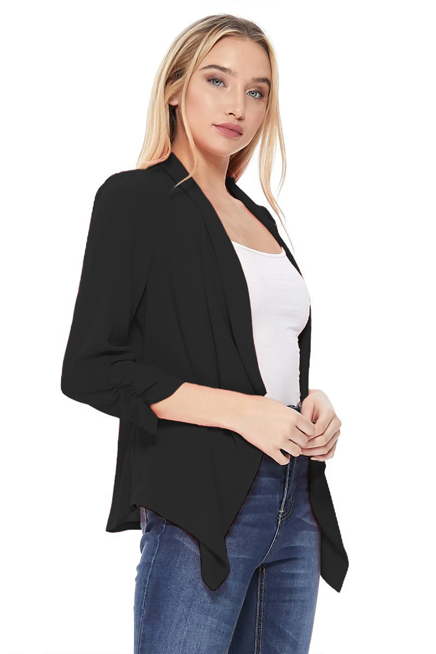 Women's Stylish Open Front Woven Blazer - 3/4 Sleeve Office Cardigan