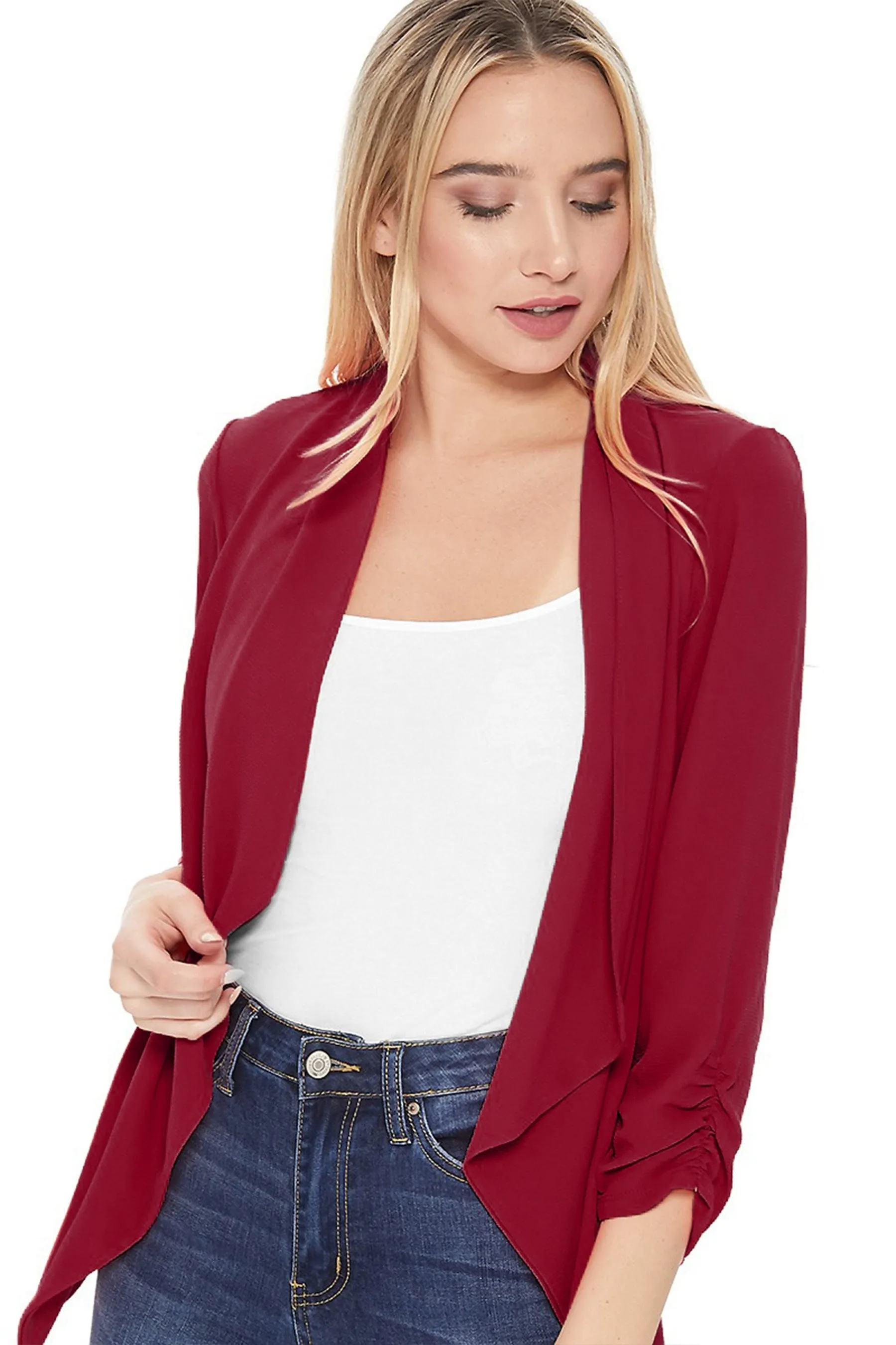 Women's Stylish Open Front Woven Blazer - 3/4 Sleeve Office Cardigan
