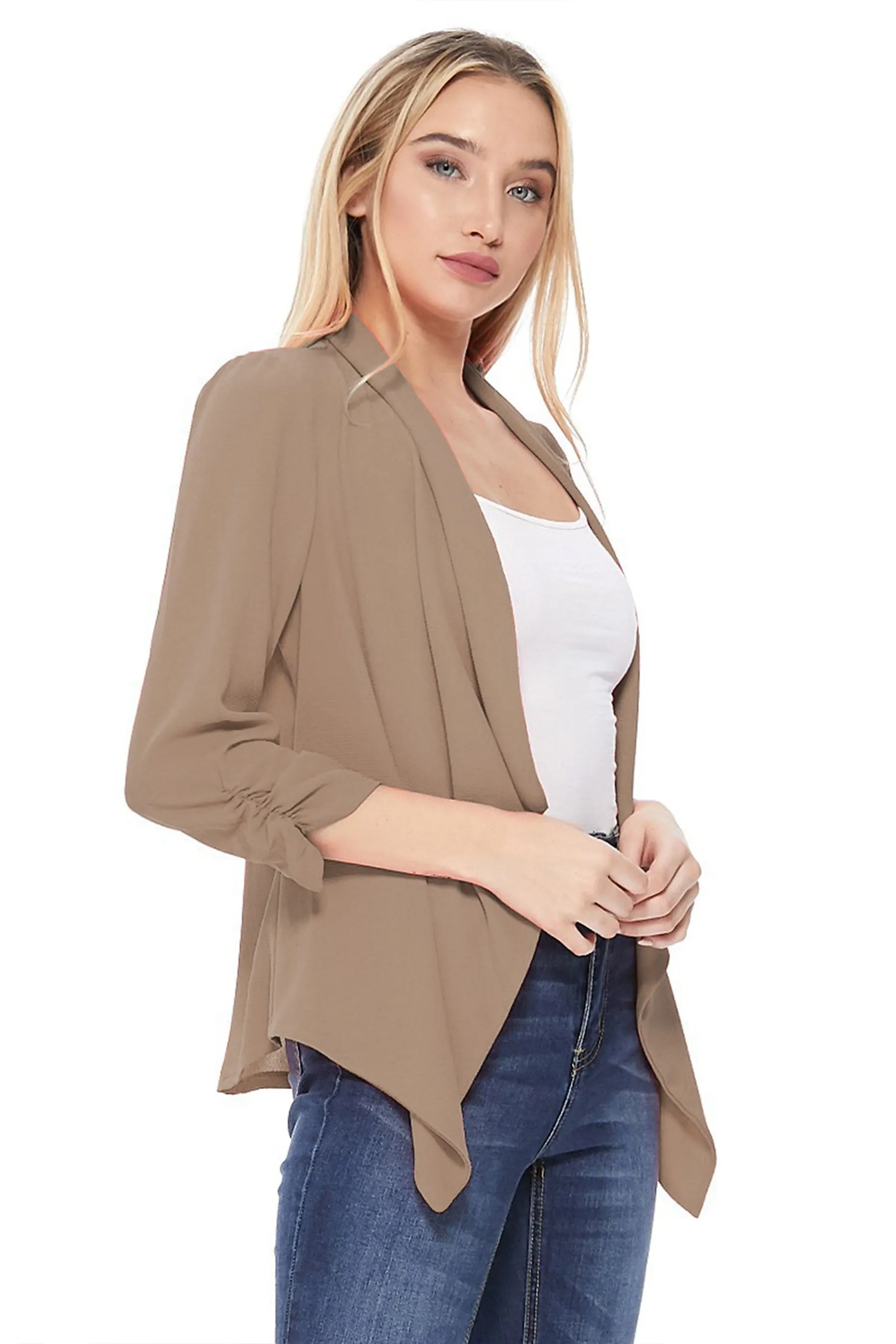 Women's Stylish Open Front Woven Blazer - 3/4 Sleeve Office Cardigan