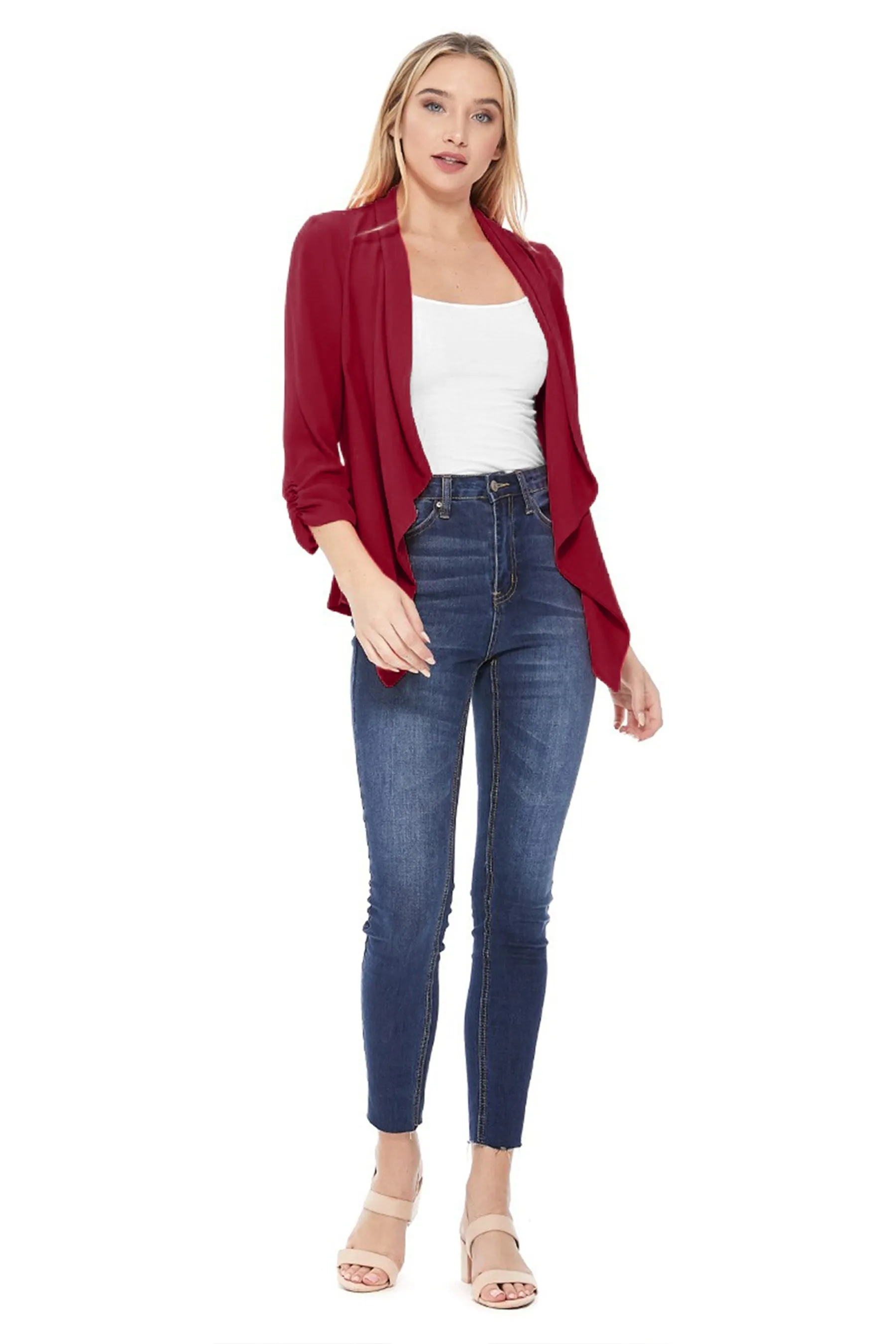 Women's Stylish Open Front Woven Blazer - 3/4 Sleeve Office Cardigan