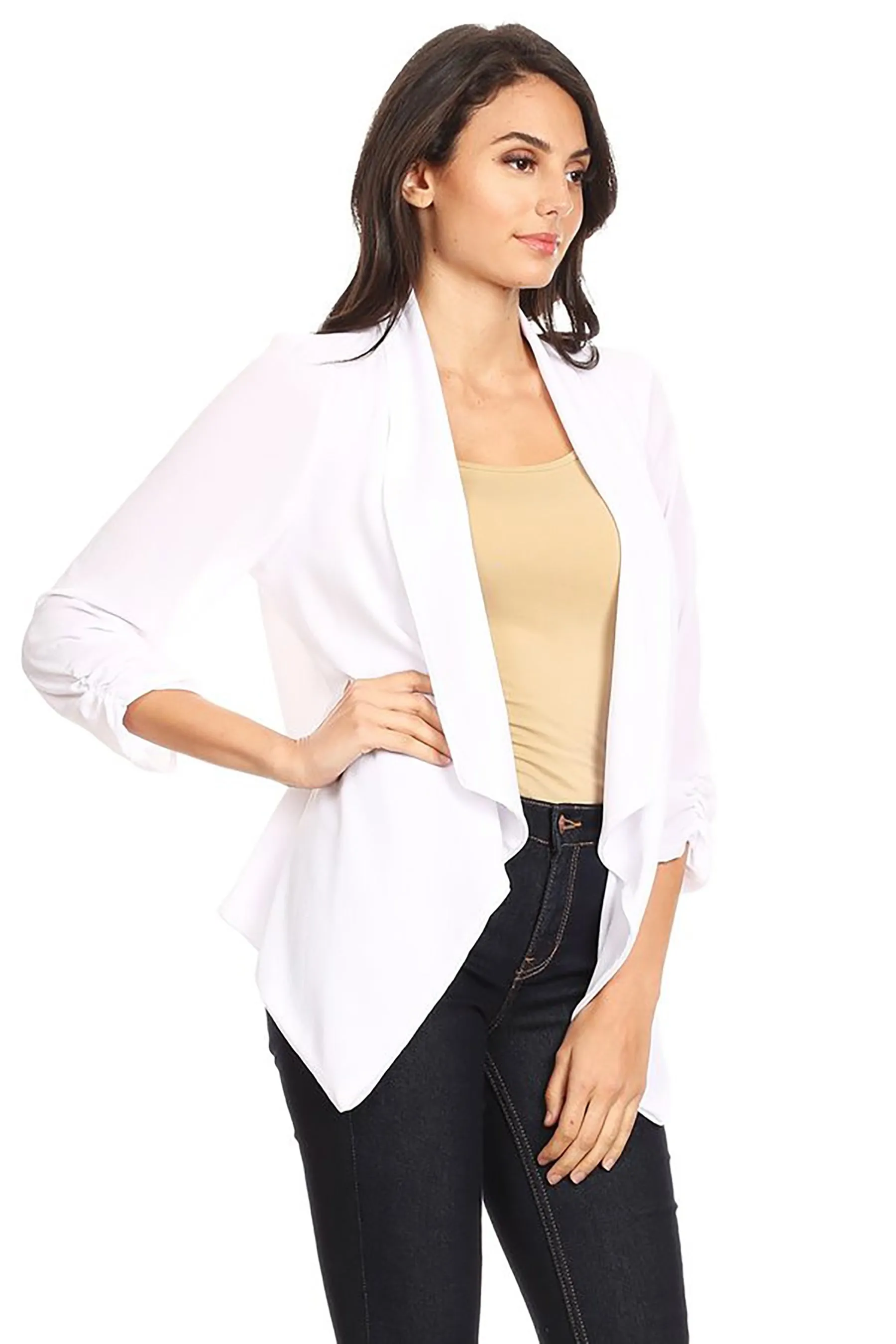 Women's Stylish Open Front Woven Blazer - 3/4 Sleeve Office Cardigan