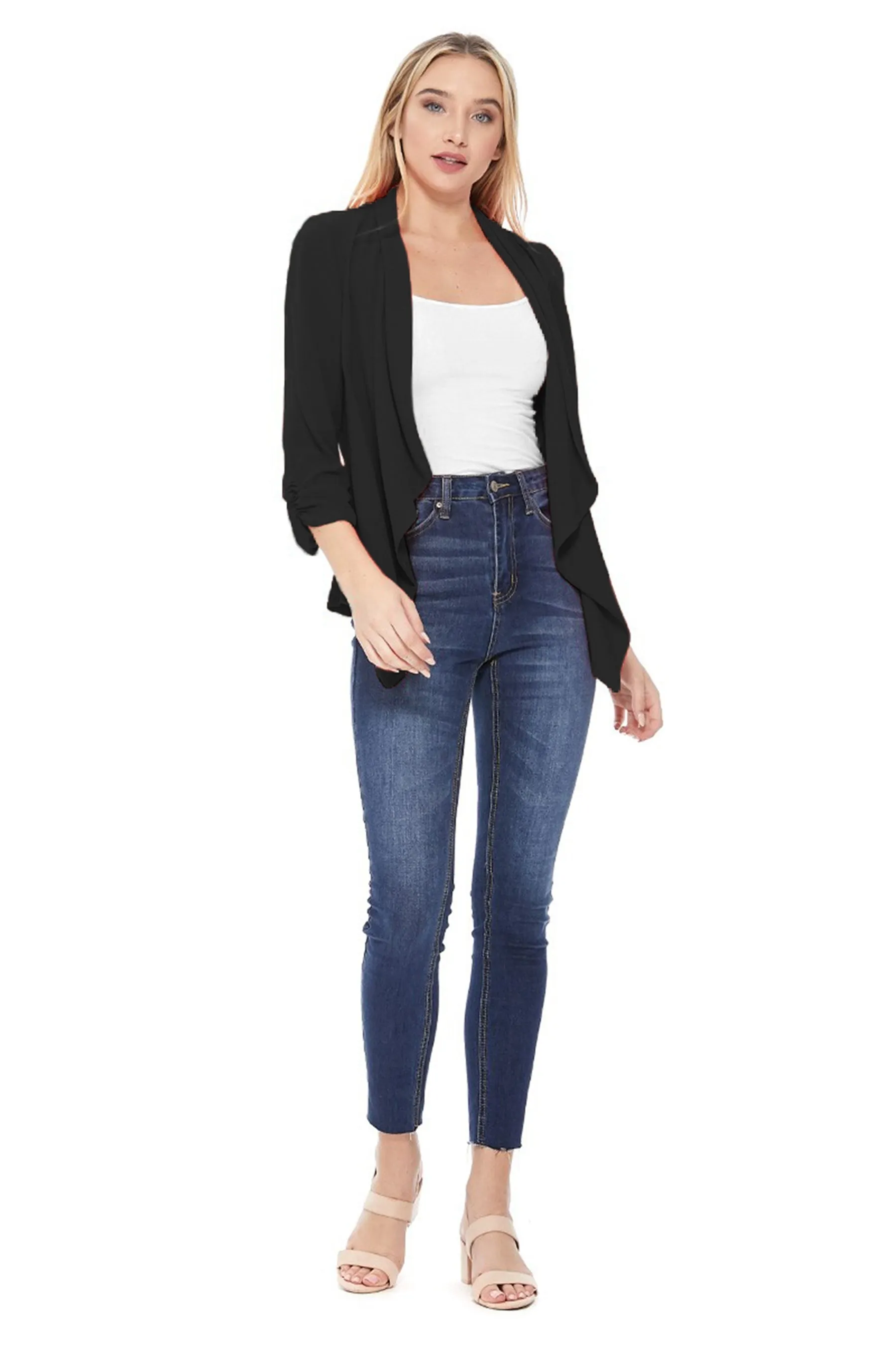 Women's Stylish Open Front Woven Blazer - 3/4 Sleeve Office Cardigan