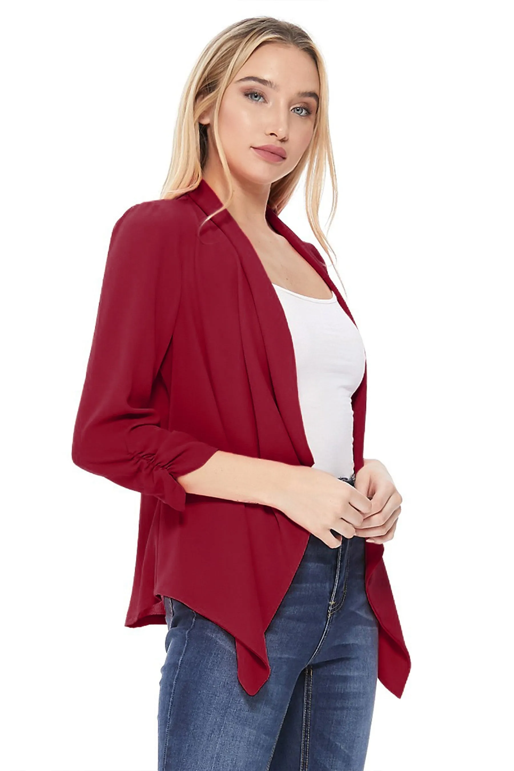 Women's Stylish Open Front Woven Blazer - 3/4 Sleeve Office Cardigan