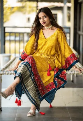 Yellow Gaji Silk Kaftan Dress for Women