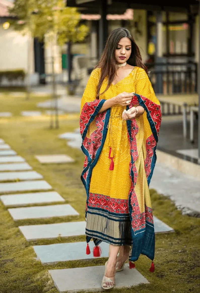 Yellow Gaji Silk Kaftan Dress for Women