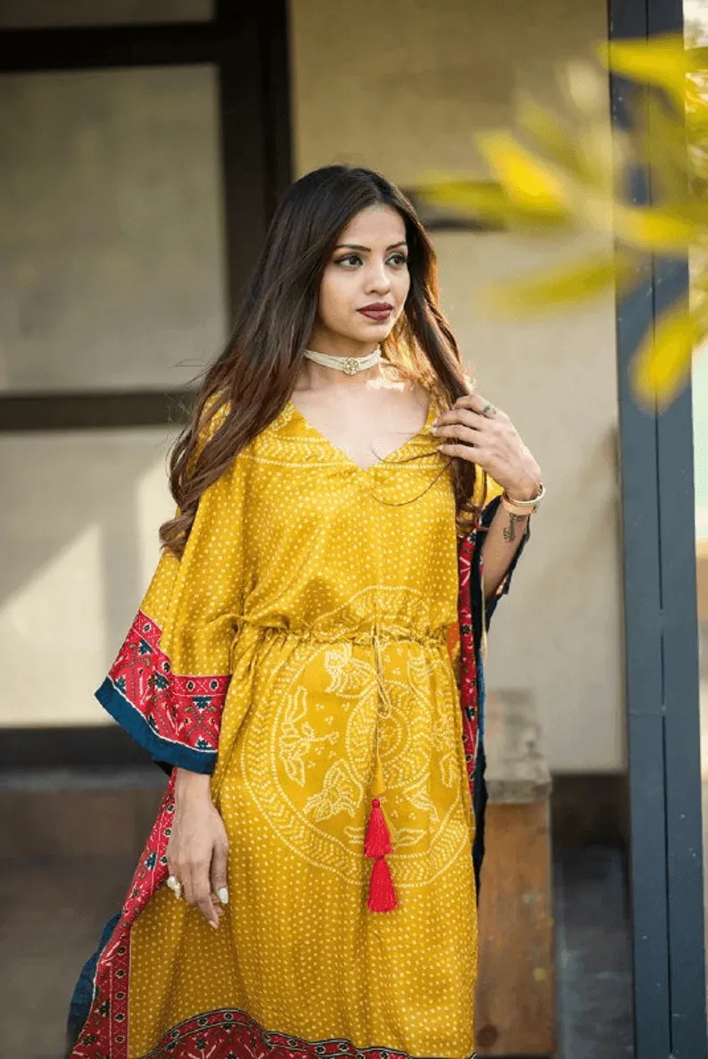 Yellow Gaji Silk Kaftan Dress for Women